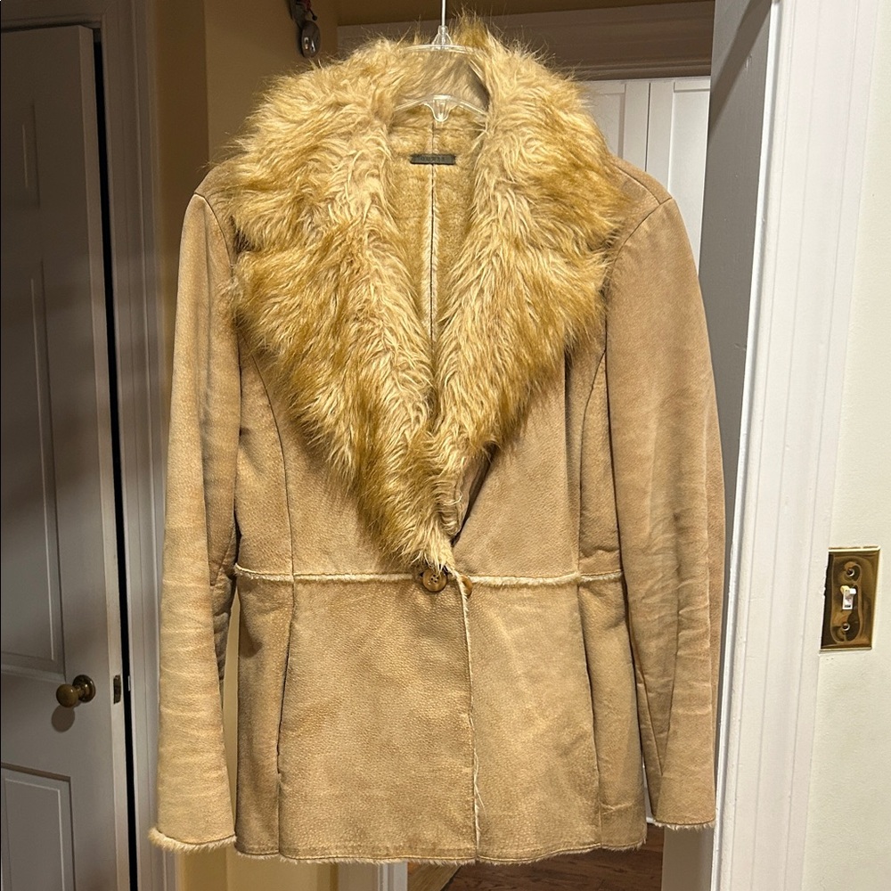 Guess Tan Leather Jacket with Faux Fur Collar